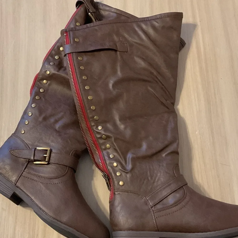 Journee Collection Brown Over the Knee Boots with Buckle and Studs